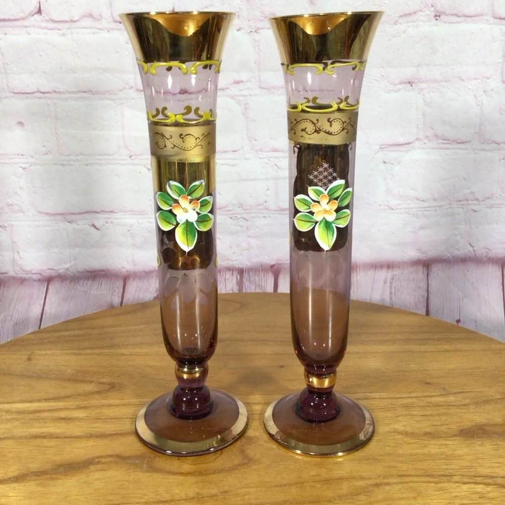 Vintage Norcrest Purple Amethyst Hand Painted Glass Vase Pair